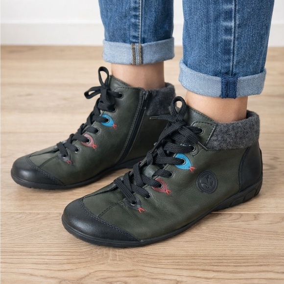 Rieker Shoes - Rieker Green Leather Wool Lined Ankle Boots EU 38 / US 7–7.5 Comfort Lace Up